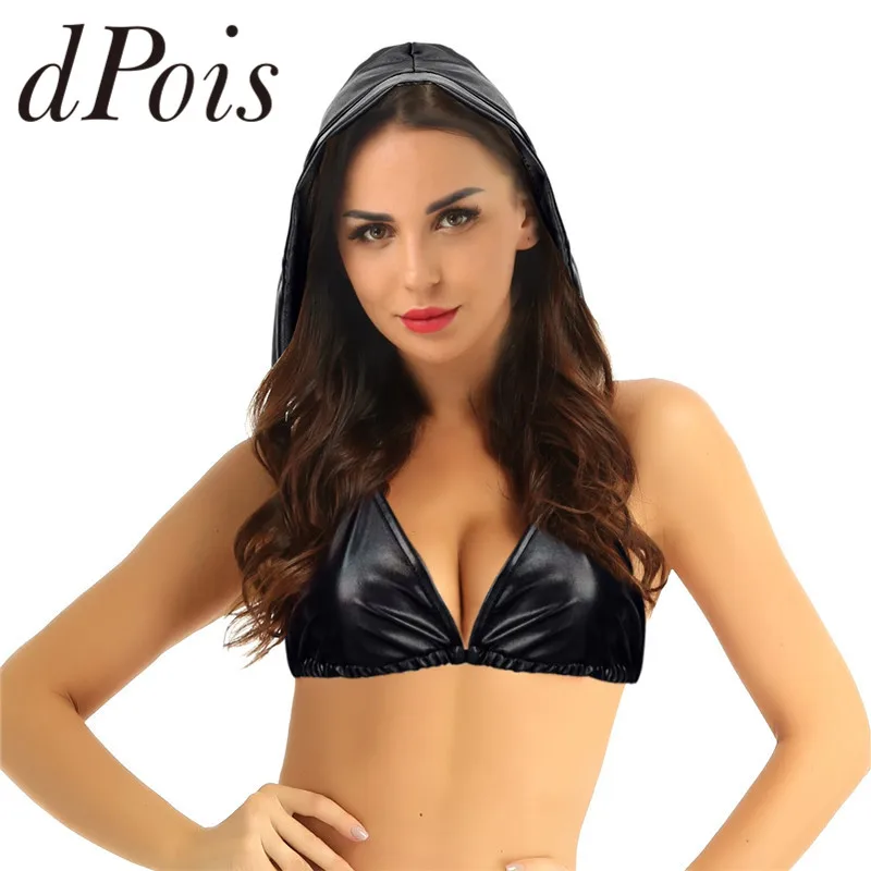 Женский Блестящий металлический бюстгальтер топ купальник Глубокий v-образный вырез открытая спина с капюшоном бюстье бюстгальтер бикини топы майка кроп Топы Вечеринка клуб одежда