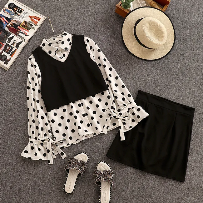 

2019 Autumn New Women's Sets Korean Fashion Shirt Vest Stitching Dot Design Short Skirt Three-piece Suit Women Free Shipping