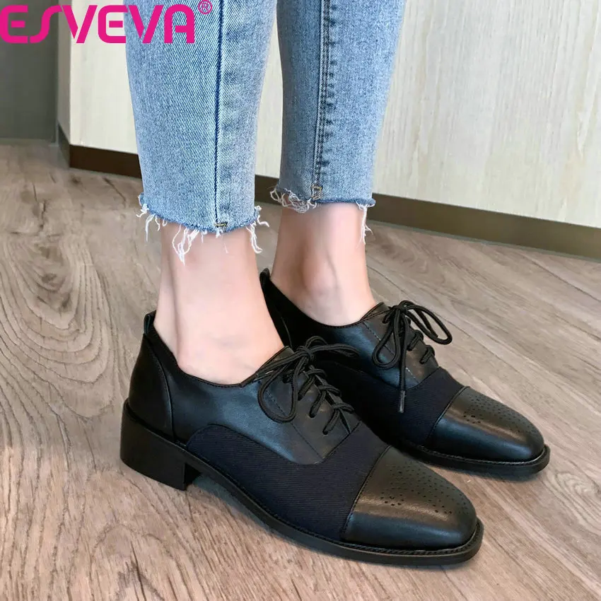 

ESVEVA 2020 Lace Up Spring Autumn Square Heel Ladies Single Shoes Casual Round Toe Mixed Color PU Leather Women Pumps Size 34-43