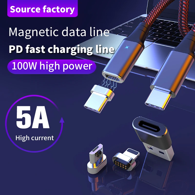 마그네틱 PD 고속 충전 마이크로 케이블, C타입 데이터 케이블, 맥북 아이폰 11 프로, 삼성 S21 + S20 울트라 S10 + QC4.0 USB-C, 100W