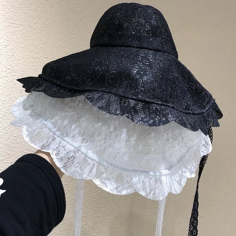2021 Luxury White Black Lace Sun Hat Large Brim Dome Bucket Women Elegant Summer Spring Outdoor Foldable Fedora Cap | Аксессуары для