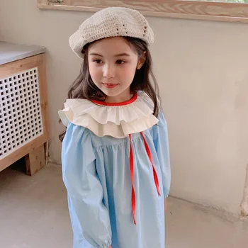 

Baby girls clothes 2020 new Autumn winter new girls' ruffled doll collar cream yellow baby blue two-wear long-sleeved dress