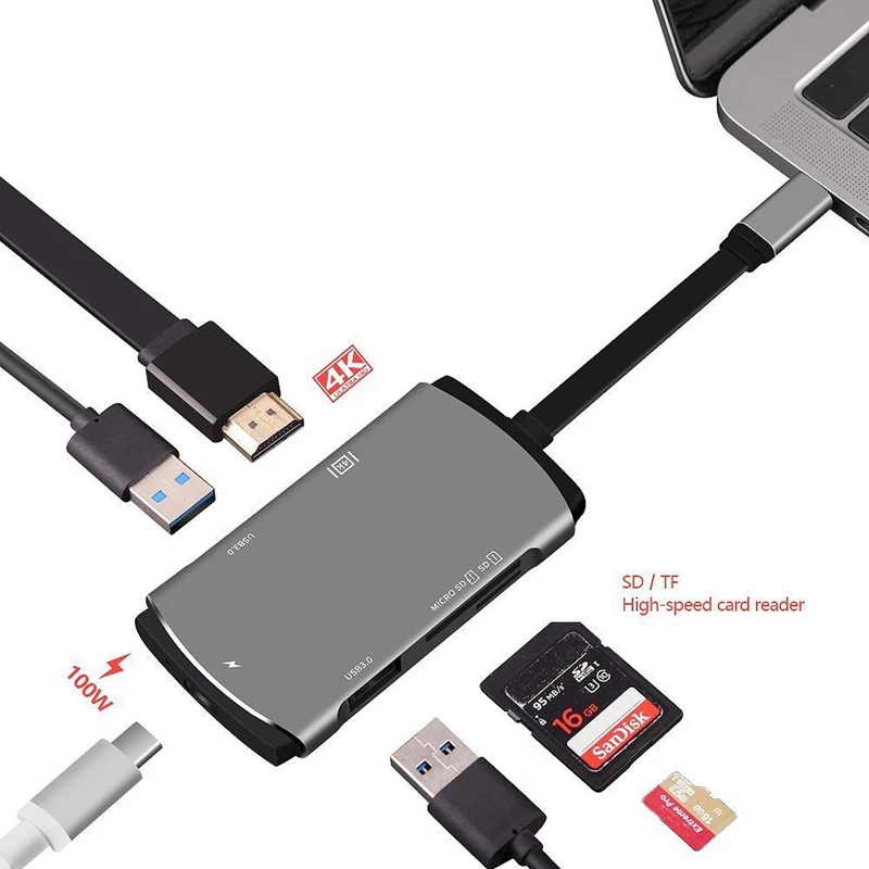 ABKT-6 в 1Usb C концентратор Тип C адаптер с type C порт для зарядки 4K Hdmi и Sd/Micro Sd/Tf смарт-карт и 2 Usb 3,0 Pd H