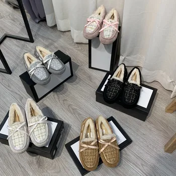 

Winter new small fragrance wind beanie shoes fur one warm cotton shoes ladies rubber flat round head low womens flat shoes