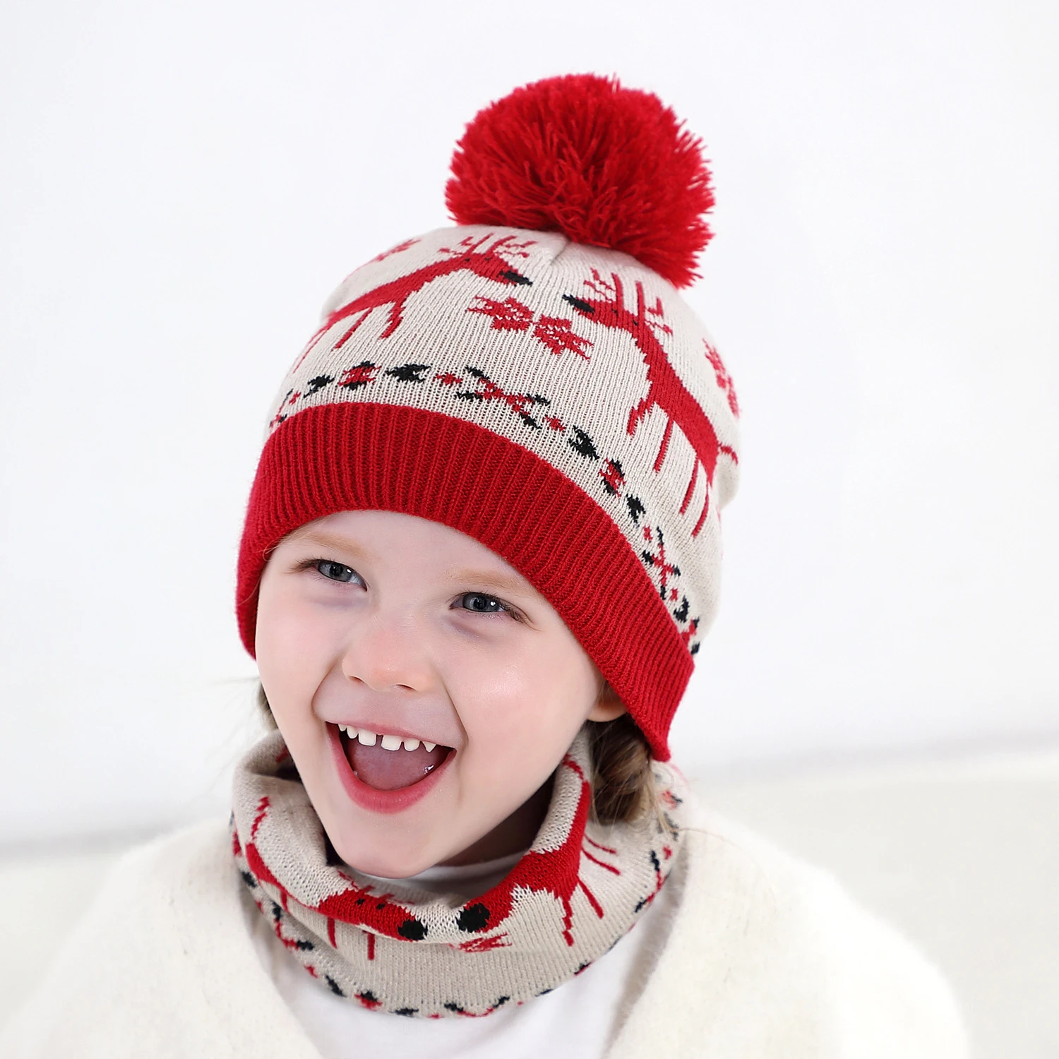 Conjunto de gorros y bufandas de punto para niño y niña, conjunto de gorros lana gruesa, gorro de Cervatillo de Navidad, cuello de pico, regalo de Navidad, Invierno|Sets de sombreros, bufandas