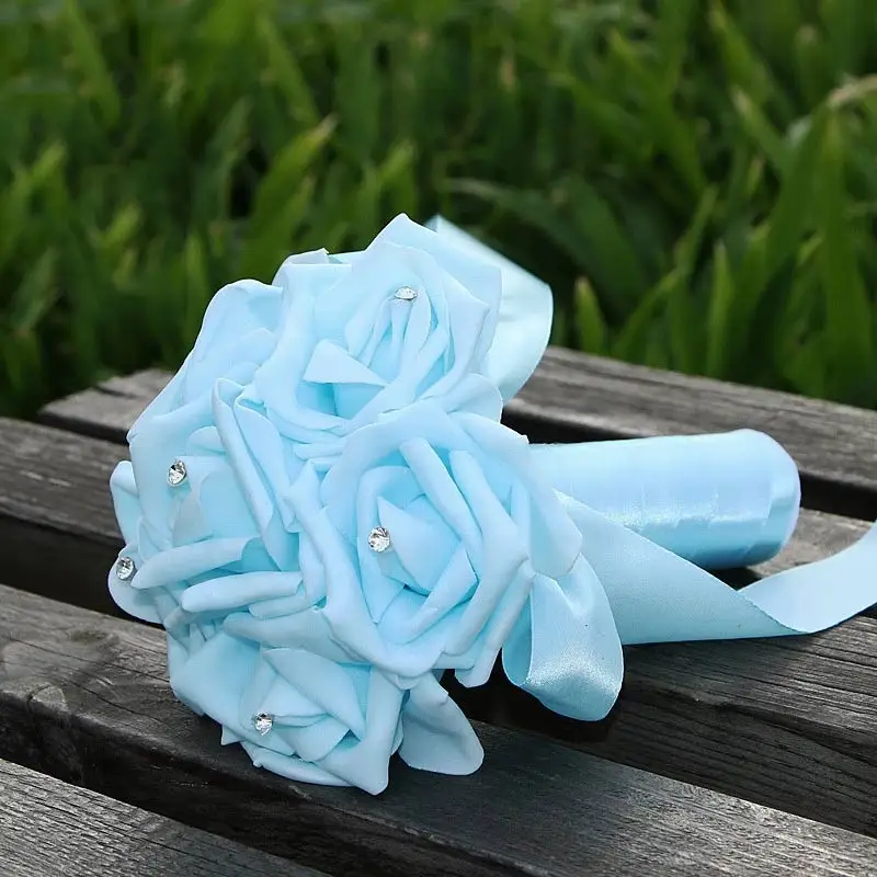 Six Heads Foam Roses Silk Ribbon Bouquet Handmade Rhinestone Diamante Bridal Bridesmaid Brooch Wedding Decor LL@17