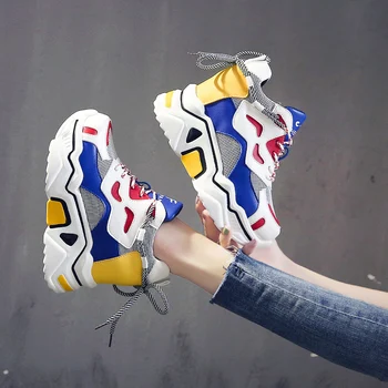 

SWONCO Wedges Dad Shoes Women Chunky Sandals Colorfull 2020 Spring New Female Causal Shoes Platform Sneakers White Shoes Laides