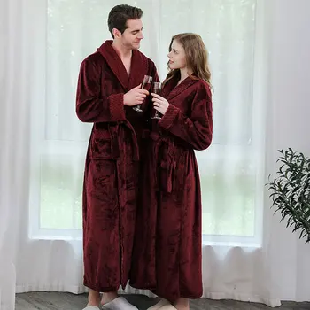 

2019 Autumn And Winter Flannel Stitching Nightgown Long XL Thick Men And Women Couple Pajamas Bathrobe Bathrobe
