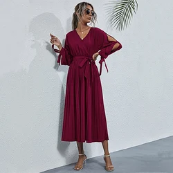 Vestidos plisados de manga larga para mujer, vestido elegante de noche con cuello de pico de fiesta, novedad de primavera y otoño 2022