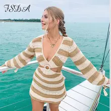 

Knit Stripe Long Sleeve Dress Beach Backless Summer Hollow Out Women V Neck Sexy Party Mini Dresses Casual White