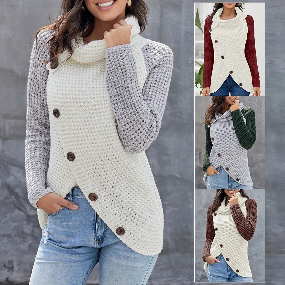 

Women's New Winter Contrasting Color Turtleneck Button Long-Sleeve Knitwear Sweater