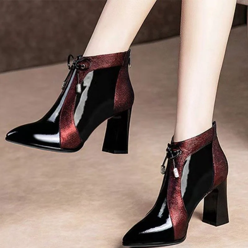 

Women's Zipper Square Heels Ankle Boots Ladies PU Leather Mixed Color Wire Mesh Butterfly Knot Boots Female Fashion Woman Shoes