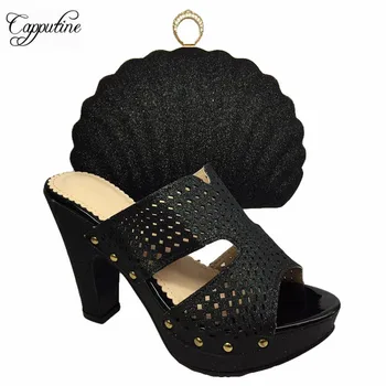 

Capputine Hot Selling Elegant Slipper Shoes And Bag Set New Aarival Black Color Ladies Shoes And Bag Set For Woman Dress