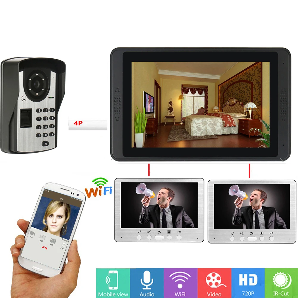 Fingerprint Password APP Remote Unlock Video Intercom 7 Inch Monitor Wifi Wireless Video Door Phone Doorbell Visual Intercom KIT