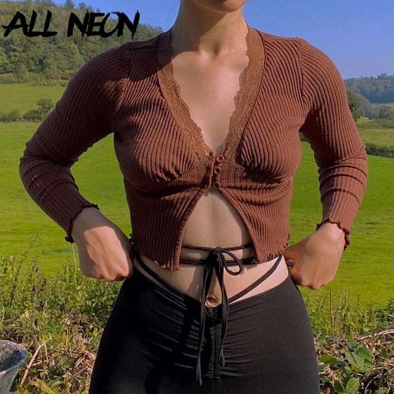 

ALLNeon E-girl Sweet Deep V-neck Lace Trim Crop Tops Y2K Fashion Slit Hem Long Sleeve Brown T-shirts Vintage 90s Aesthetics Top
