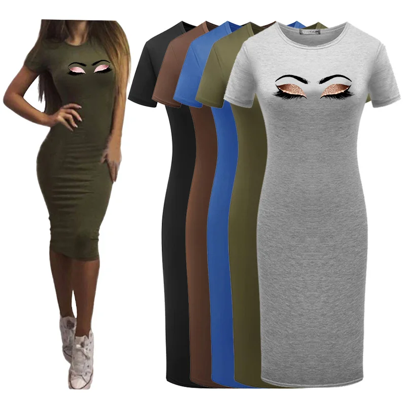 

Round Neck Sexy Streetwear Office Short Sleeved Women Dress Aesthetic Eyelashes Print Trendyol Tight Summer Pencil Dress