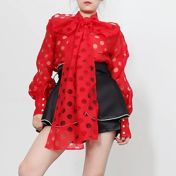 

Casual Stylish Big Bowknot Lantern Sleeve Polka Dots Blouse Sexy See Through Women Top