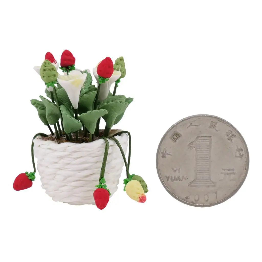 12th Doll House Flower Potted Miniature Strawberries Bonsai Model Beautiful DIY Fairy Garden Ornament Dollhouse Decor Kids Toy
