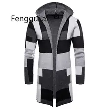 Мужской полосатый кардиган пальто свитера с капюшоном плащ Длинная ветровка пальто вязаный свитер большие размеры 5XL кардиганы