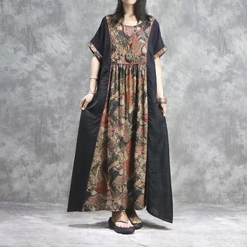 

Women Vintage Printed Silk Linen Long Dress Robe Fashion National Style Irregular Hem Female Maxi Long Dress Vestidos