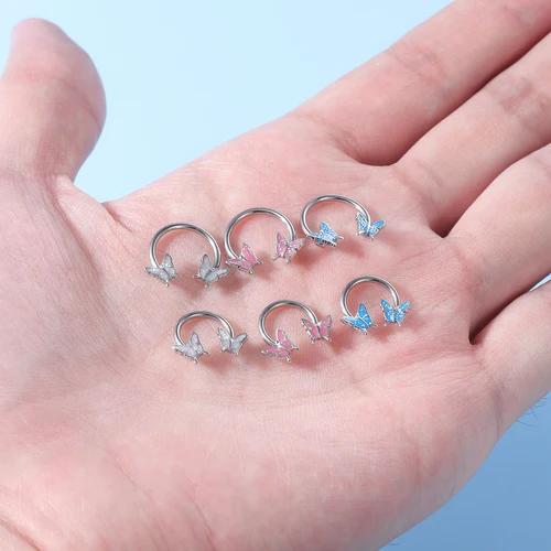 ZS 16G 나비 코 링 진주 고양이 Septum 반지 꿀벌 박쥐 Septum 피어싱 블루 나비 헬릭스 귀걸이 스테인레스 스틸 코 링 5