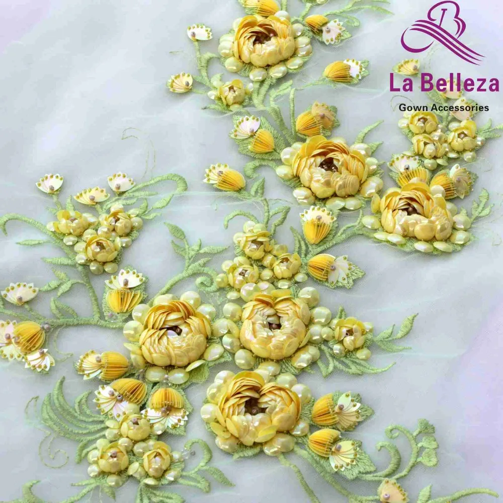 Ivory/pink/yellow flower large pattern with beads applique patch ployester embroidery patch wedding dress Accessories