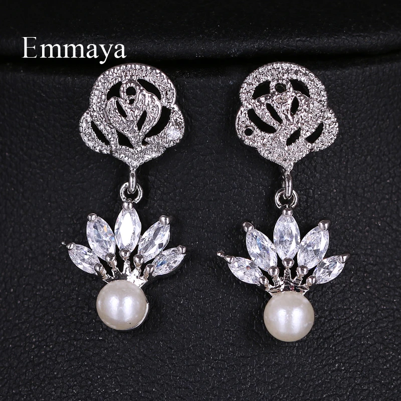 

Emmaya Fashion Statement Hanging Rose With Pearl Two Colors Dangle Zirconia Earring For Women Gorgeous Decoration In Party