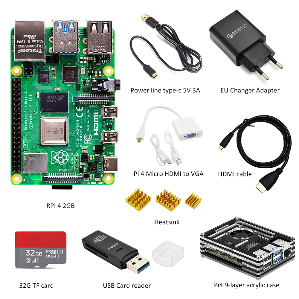 Raspberry Pi 4 Модель B 2 Гб ОЗУ Полный комплект: чехол+ адаптер питания ЕС+ линия переключения+ 32 ГБ tf-карта+ адаптер Micro hdmi-vga