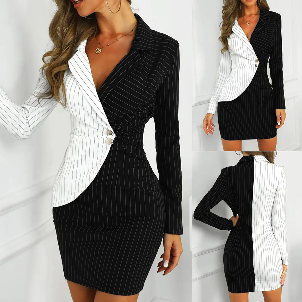 Women's lapel long-sleeved buttons striped stitching bag hip casual work dress refused to neck 04* | Женская одежда