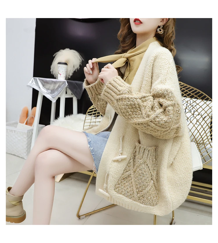 Neploe женский кардиган контрастный Цвет Лоскутная Роговая Пряжка Sueter Mujer Invierno осенне-зимняя одежда 55137