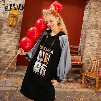 

ELFSACK Black Cartoon Print Bright Hooded Casual Midi Dress Women 2020 Spring Patchwork Long Sleeve Korean Ladies Daily Dresses