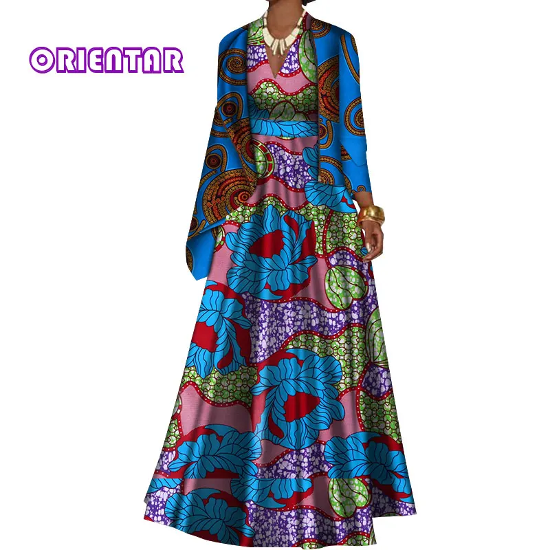 Африканская одежда для женщин длинные платья с курткой пальто Базен Riche Африканский принт элегантный глубокий V образным вырезом вечернее платье WY491