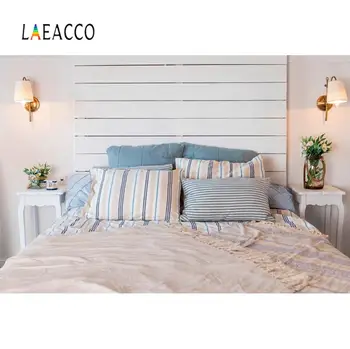 

Laeacco Gray Bedroom Bed Pillow Wooden Wall Party Home Decor Simple Style Interior Photo Background Photography Backdrop Photo