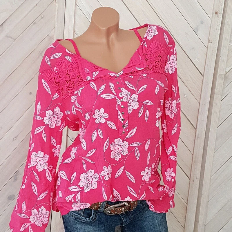 

blouses womens shirts ladies tops pink boho korean fashion clothing 2019 long sleeve top casual lace print gothic clothes
