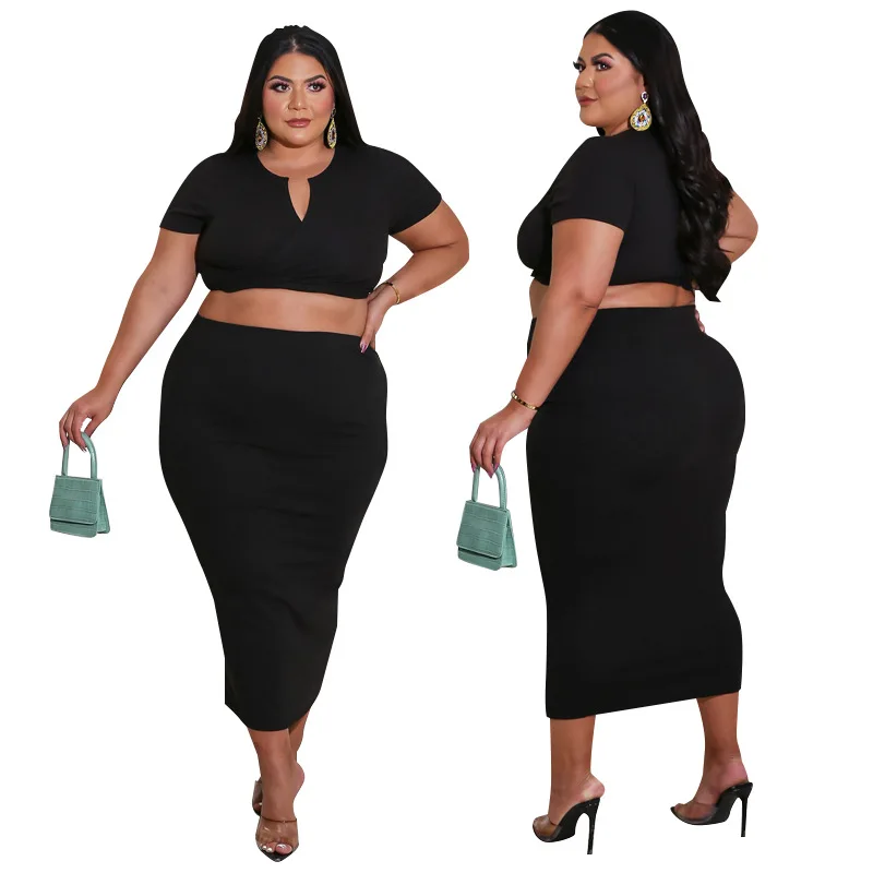 XL-5XL Plus Size Women 2 Piece Set 2021 New Summer Fashion Suit Black Skirt And Crop Top Matching Set Two Piece Club Outfits