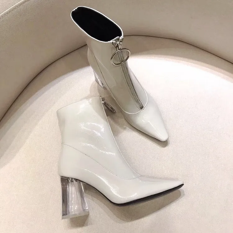 Botas Mujer/зима г.; Прозрачные ботинки на высоком каблуке; женские ботильоны для женщин из лакированной кожи; Botas Feminina; пикантная женская обувь; Damskie