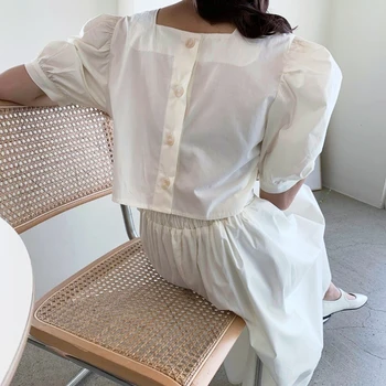 

Korean Style Chic Women Dress Solid Color Cotton Fashion Casual Ladies Dress Single Breasted High Waist Summer New 2020