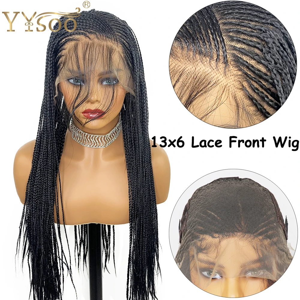 Cheap YYsoo Lace Front Wig 13x6 Long Braided Synthetic Wigs for Black Women Fully Hand Tied Braided Wig Heat Resistant Black Color