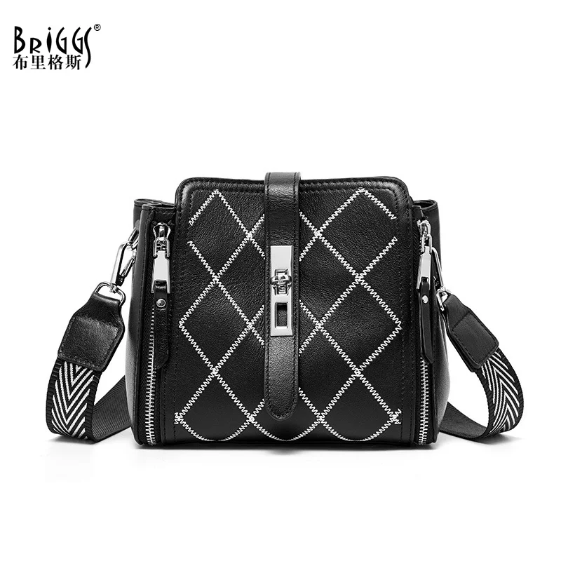

BRIGGS New 2020 Fashion Black Handbag Genuine Leather Vintage Women Messenger Bag Plaid Buckle Simple Women Shoulder Bags Purse