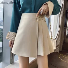 Короткая юбка женская однотонная черная плиссированная Новая корейская модная мини-юбка со шнуровкой сбоку Женские повседневные бежевые юбки в консервативном стиле