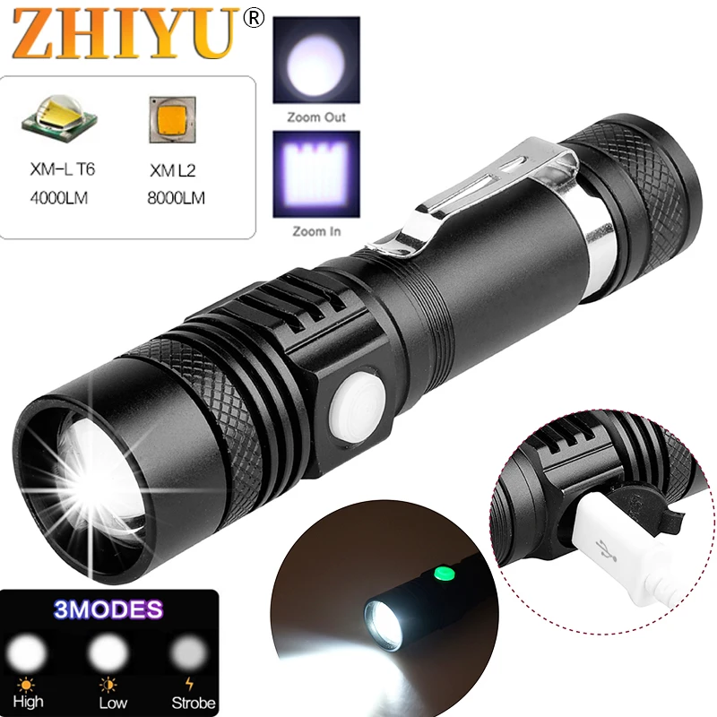 

4000LM Super Bright Led Flashlight USB Linterna Led Torch Mini T6 / L2 Power Tips Zoom Torch Bicycle Light 18650 Rechargeable