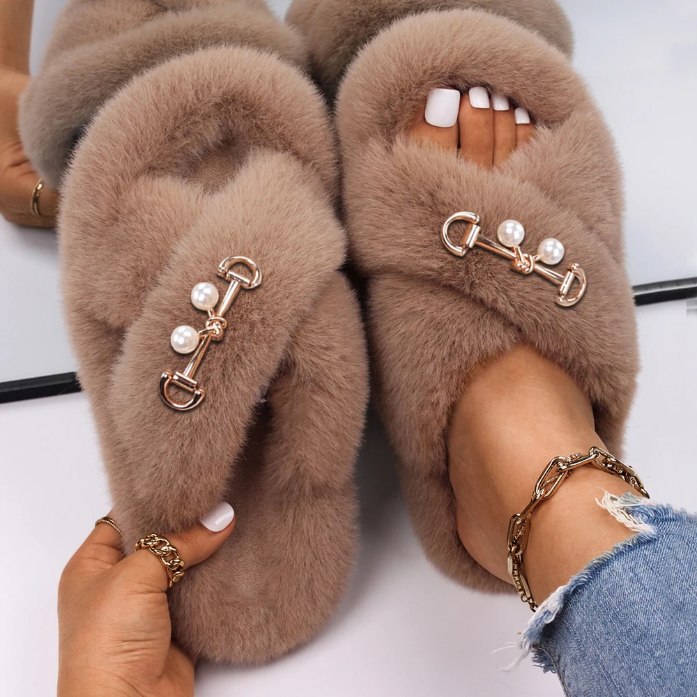 Faux Fur Slippers Furry Slides For Women Fluffy Flip Flops Home Cozy Slippers Winter House Plush Female Shoes Slip On Flats 2021