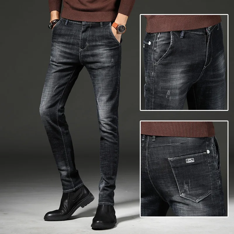 Jeans Homme Winter High Quality Fashion Mid-Rise Ripped Jeans For Men'S Solid Color Slim Casual Business Men Jeans Pants