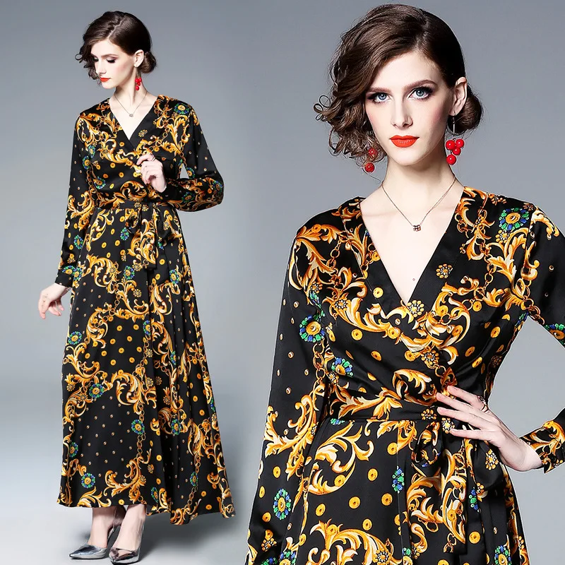 

Ozhouzhan 2019 Spring And Summer New Style WOMEN'S Dress V-neck Long Sleeve Printed Slim Fit Slimming Dress Hot Selling