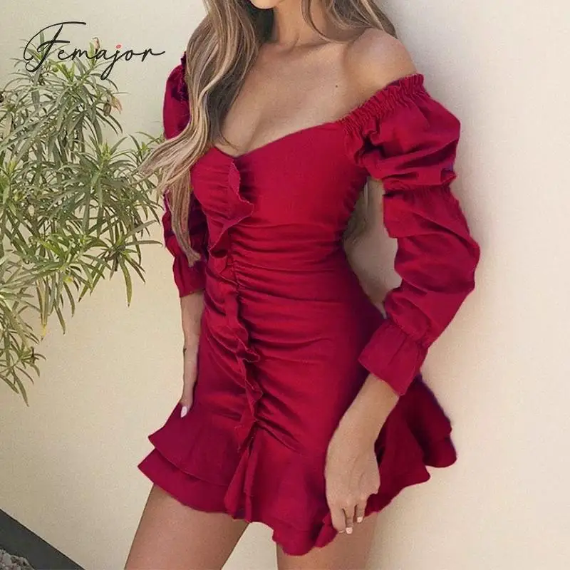 

Femajor Women Fashion Sexy Red Slim Off Shoulder Short Dress Female 2019 Autumn Winter Chic Ruffle Plead Long Sleeve Mini Dress