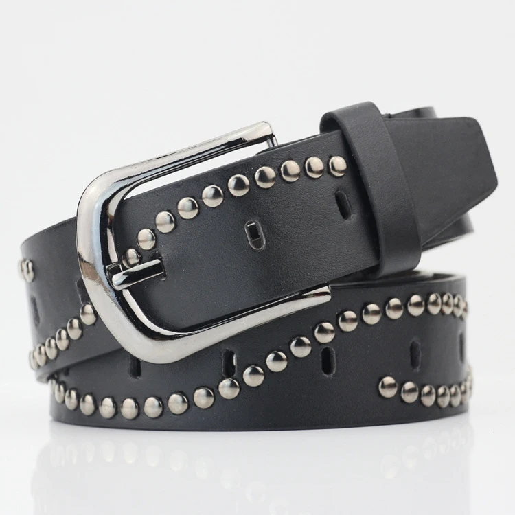 

Women's pin buckle belt black wave rivet casual belt fashion 2019 new high quality PU leather metal belt female accessory
