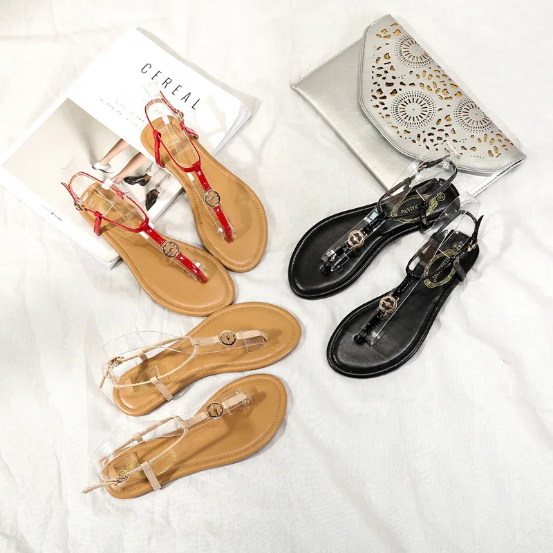 

Ozhouzhan 2018 Summer Genuine Leather Flat Split Toe T-Strap Slippers Roman Style Patent Leather Flat Heel Sandals WOMEN'S Shoes