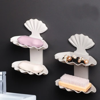 

Double Soap Holde Suction Cup Drain Soap Dish Bathroom Accessories Storage Box Pallet Plastic Container Free Punching Seashell