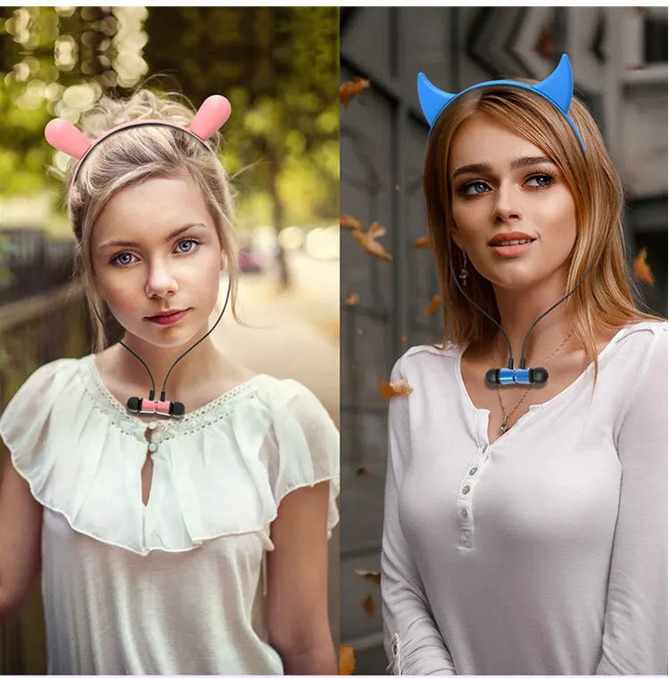 Cute Cartoon Headphones Bluetooth Cat Ear Headsets for Girl Kids Deer Devil Rabit Ear Phones Sports Anti sweat Magnetic Earbuds