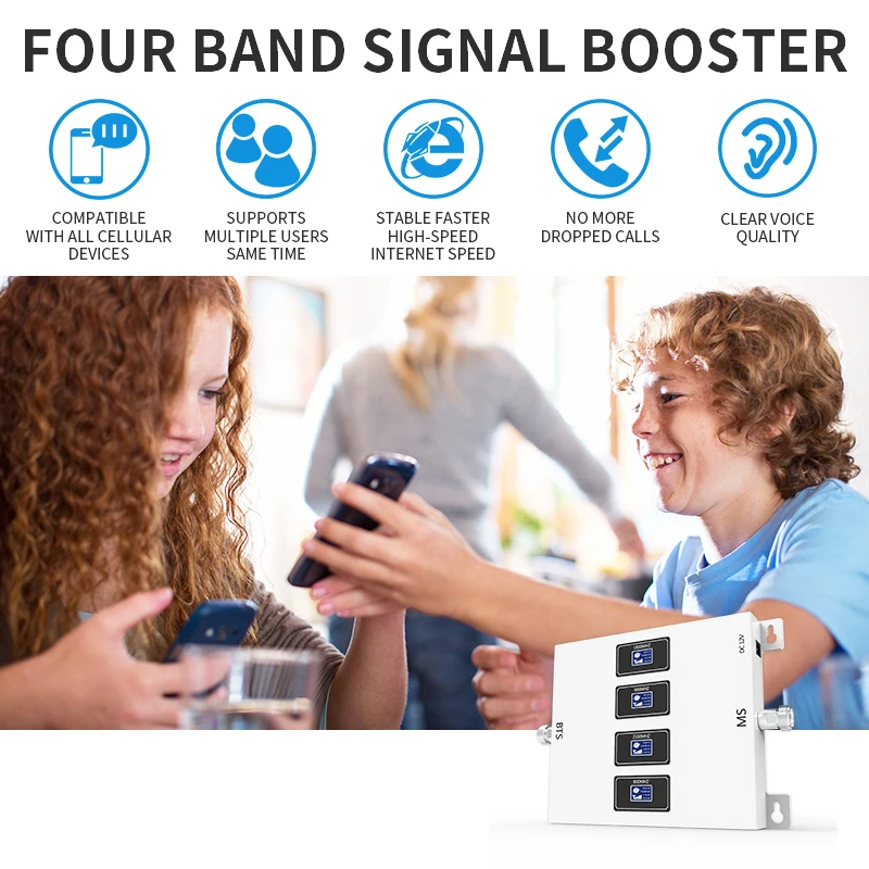 GOBOOST-4 밴드 신호 부스터, 자동차 70dB 고 이득 2G + 3G + 4G 셀룰러 증폭기 LTE 네트워크 리피터, 자동차 안테나 키트 포함